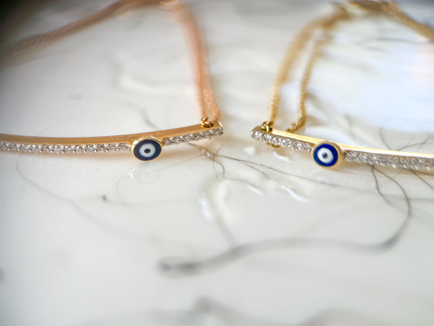 18k Yellow Gold and Rose Gold Natural Diamond Evil Eye Chain 7 Inch Bracelets