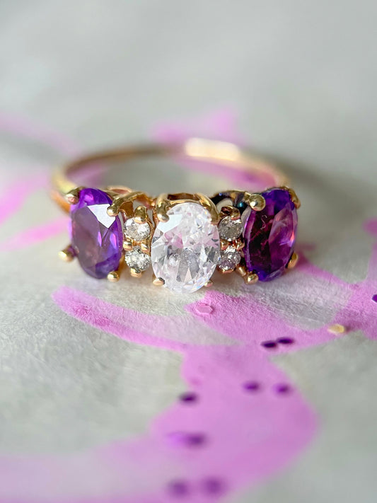 Vintage Natural Amethyst and CZ Three Stone Ring with Natural Diamonds 14k Yellow Gold