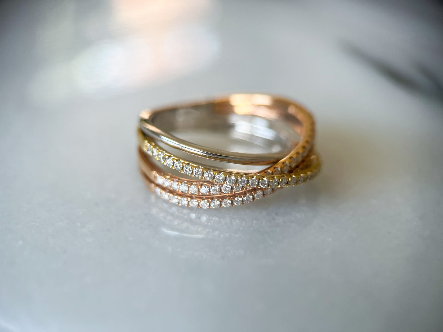 Natural Diamond Tri Colored 14k Yellow and White Gold Band Ring