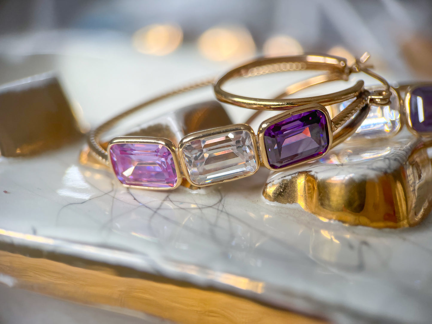 Vintage Amethyst and CZ Three Stone 14k Yellow Gold Hoop Earrings