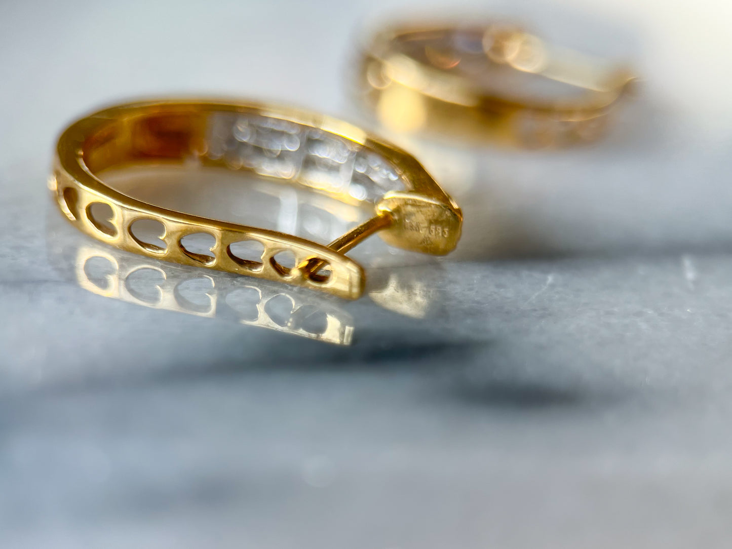 Natural Princess Cut Diamonds 14k Yellow Gold Hoop Earrings with Heart Cut Outs in Back