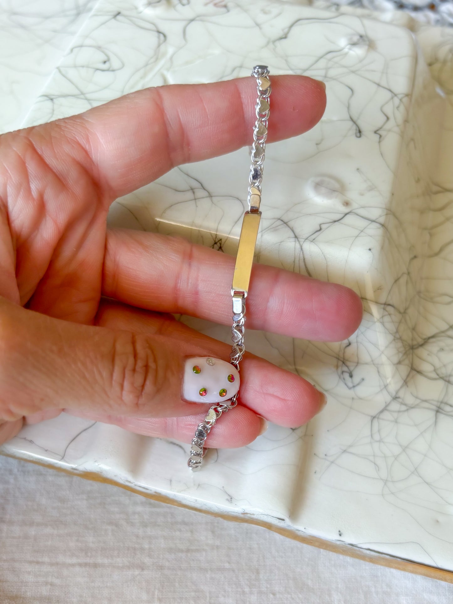 Vintage Heart Chain ID 14k White Gold Bracelet