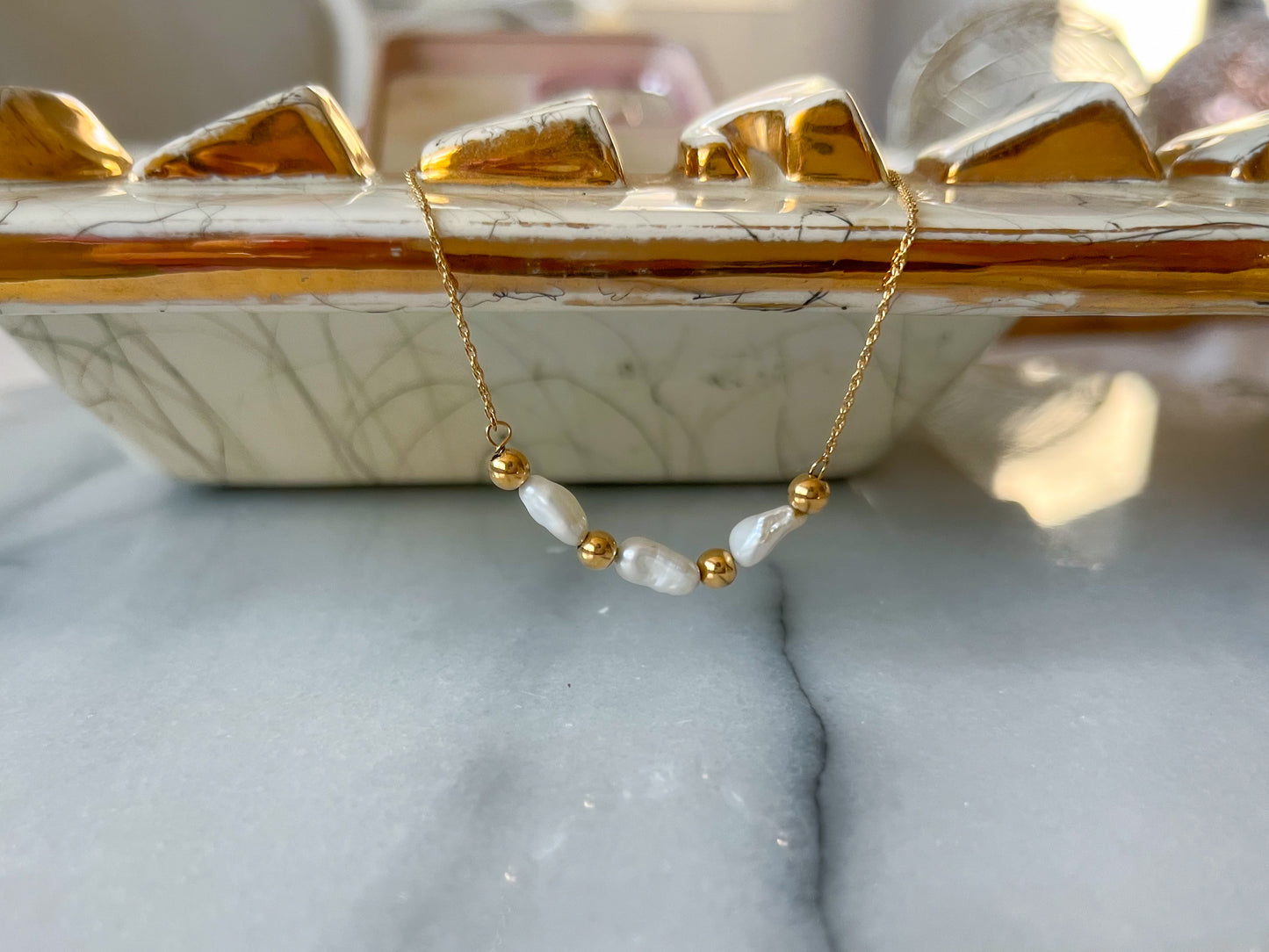 Vintage Chain with Pearl Accent 14k Yellow Gold 16 Inch Necklace
