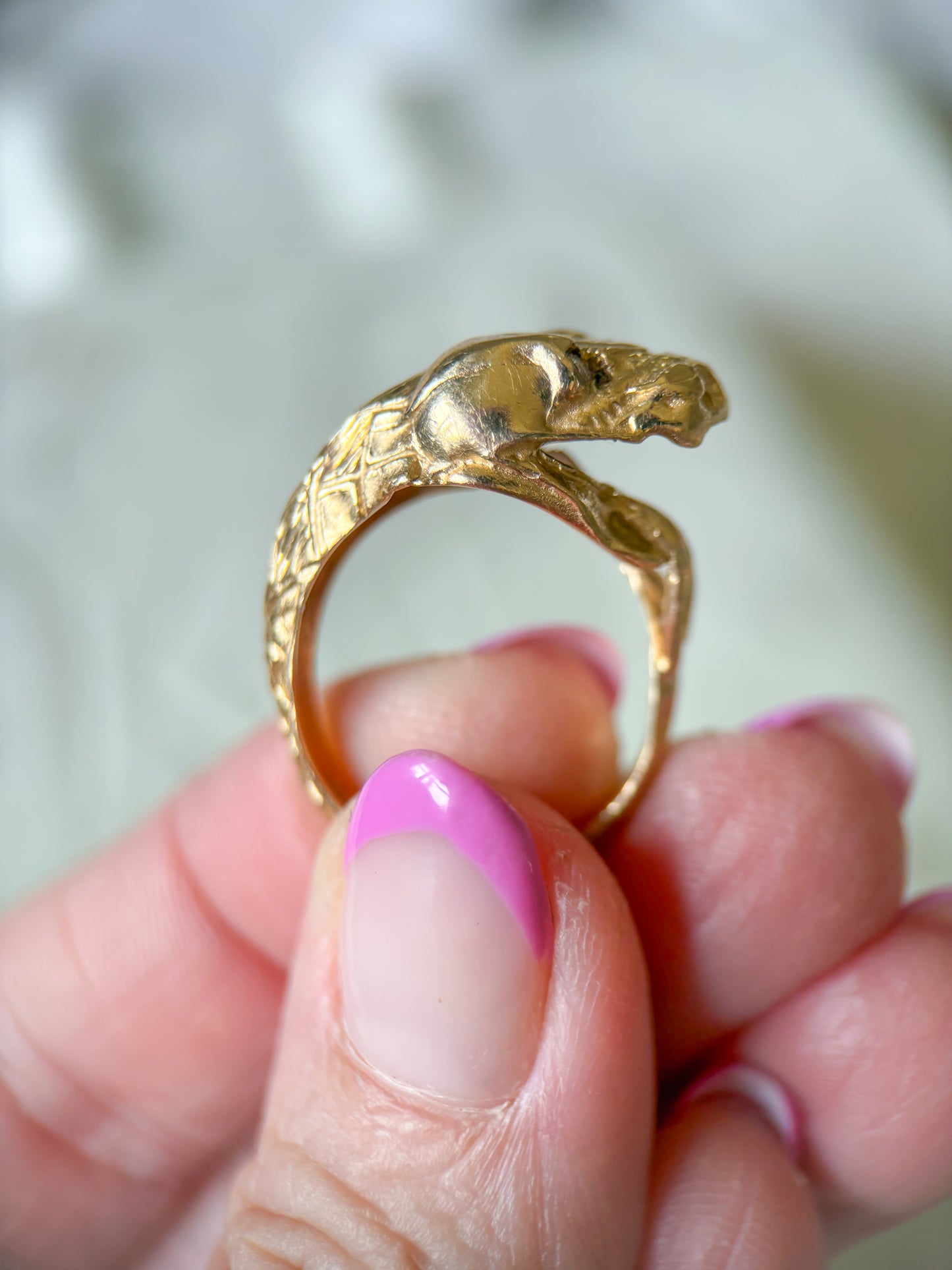 Vintage Snake with Natural Diamond Eyes 14k Yellow Gold Ring