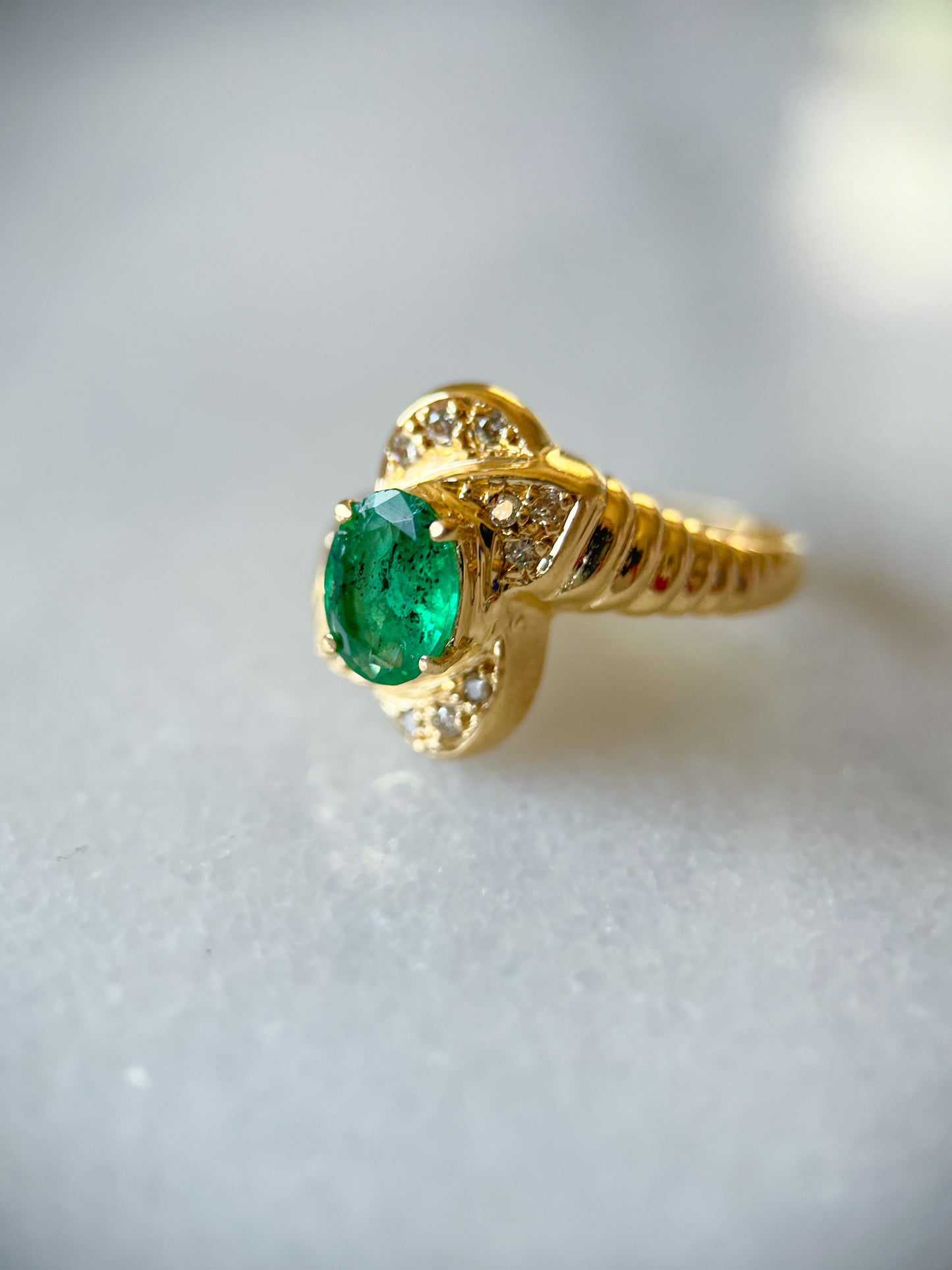 Vintage Natural Emerald and Diamond 14k Yellow Gold Ring