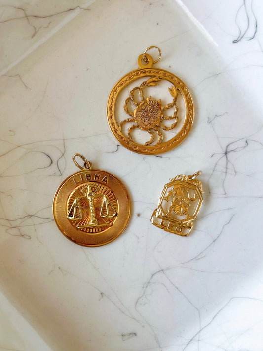 Vintage Leo, Cancer and Libra Zodiac Signs in 12k and 14k Yellow Gold Charms