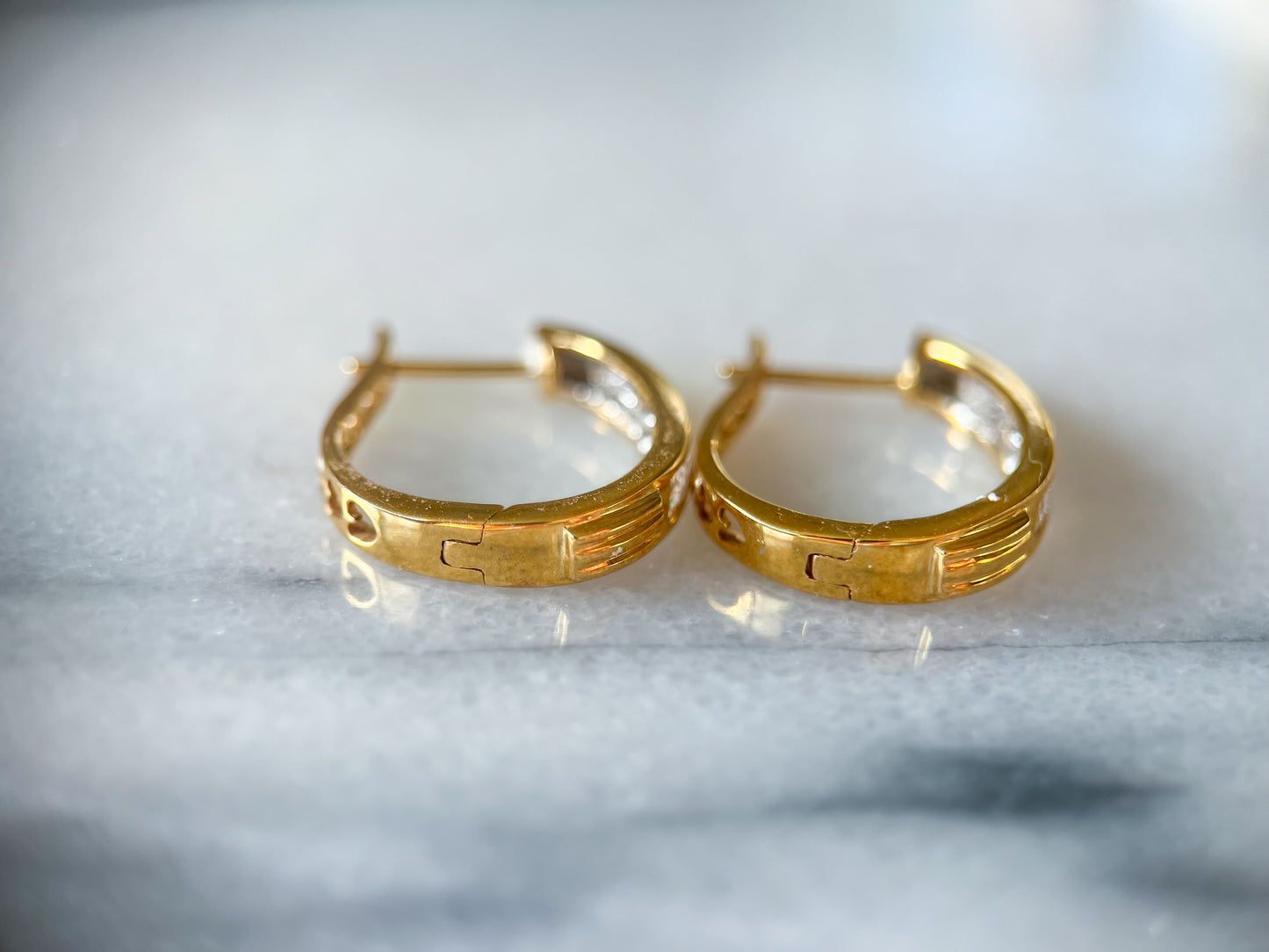 Natural Princess Cut Diamonds 14k Yellow Gold Hoop Earrings with Heart Cut Outs in Back