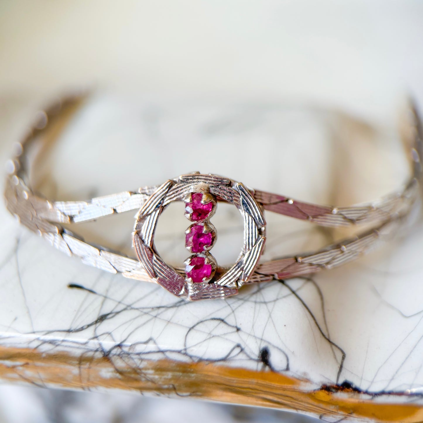 Vintage Natural Ruby 14k White Gold 7 Inch Cobra Chain Bracelet