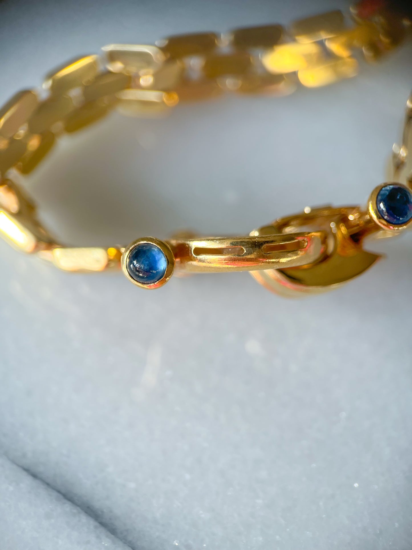 Vintage Panther Link 14k Yellow Gold Necklace with Sapphire Cabochon Toggle