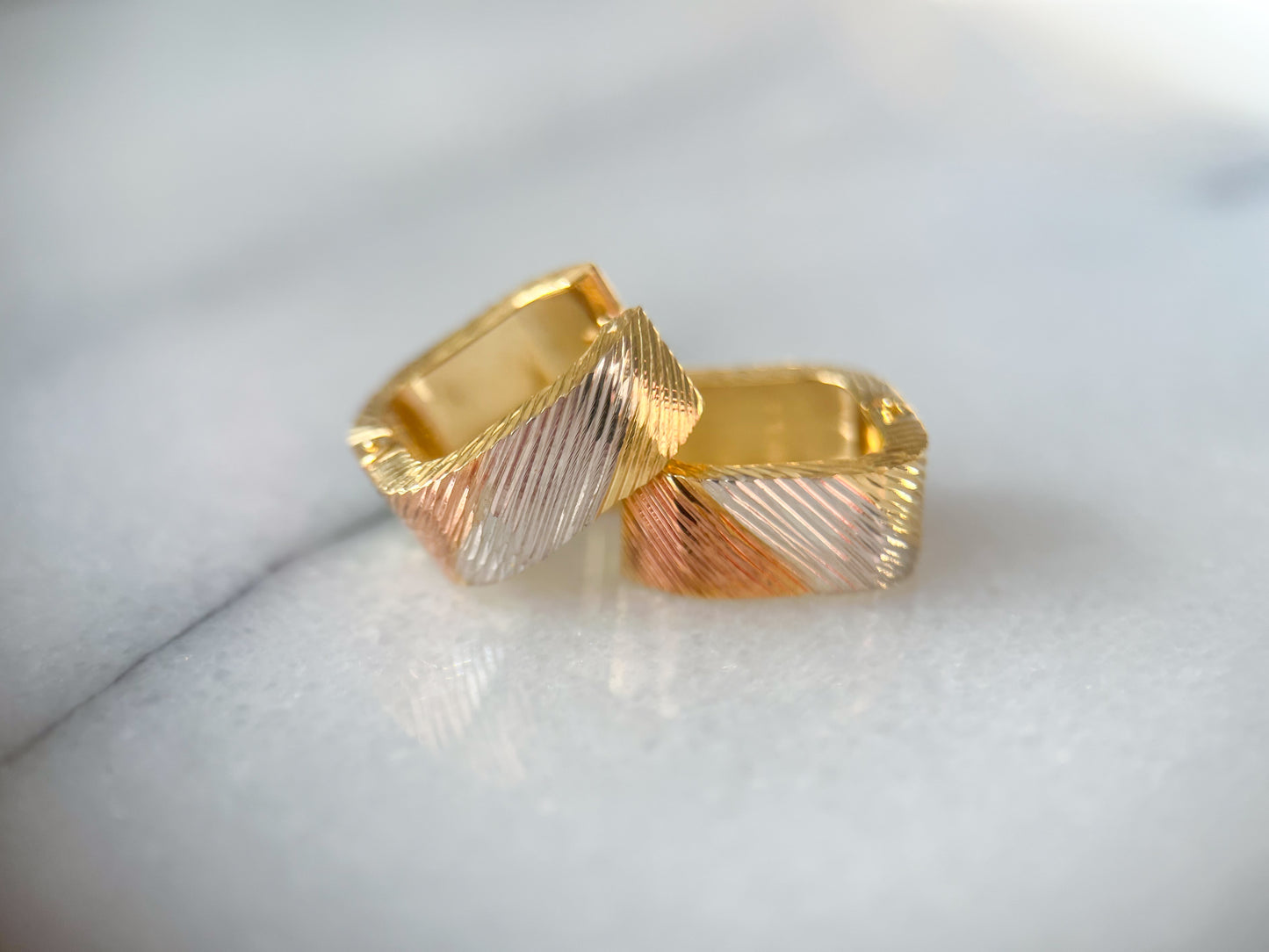 14k Tri Color Yellow, White and Rose Gold Squared Huggies