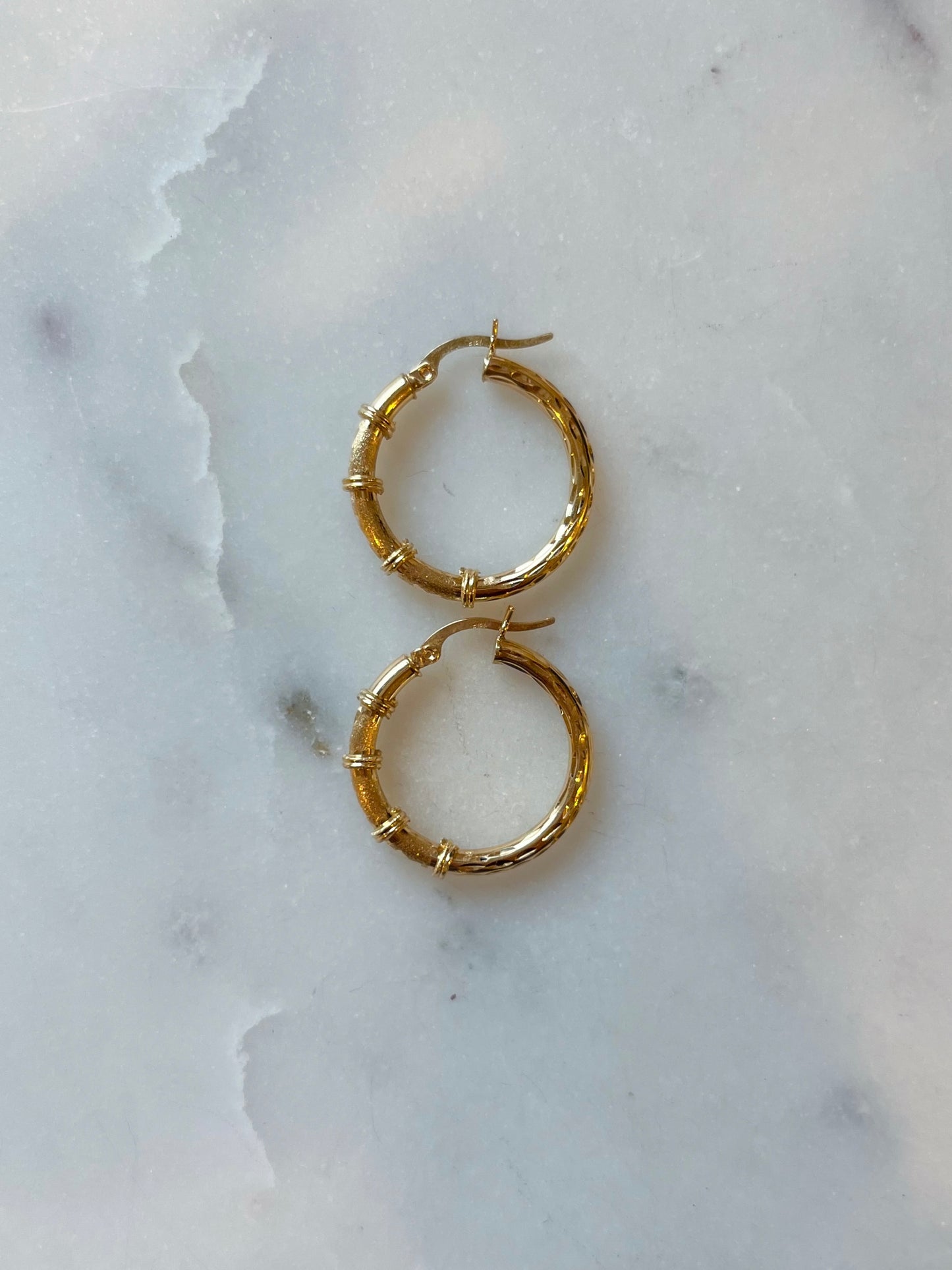 14k Yellow Gold Decorative Tube Hoop Earrings - Two sizes