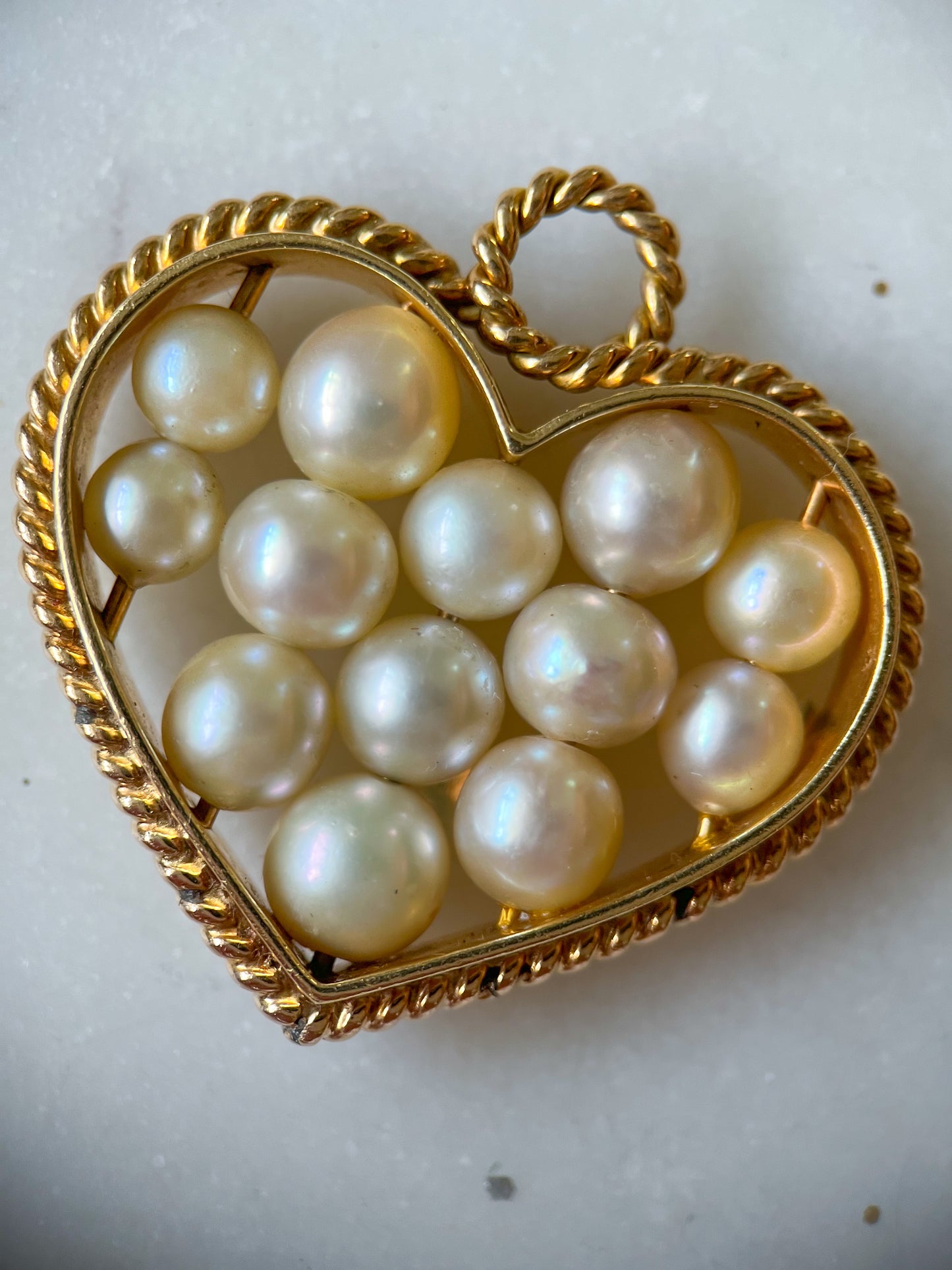 Vintage Large Open Heart with Pearls 14k Yellow Gold Charm