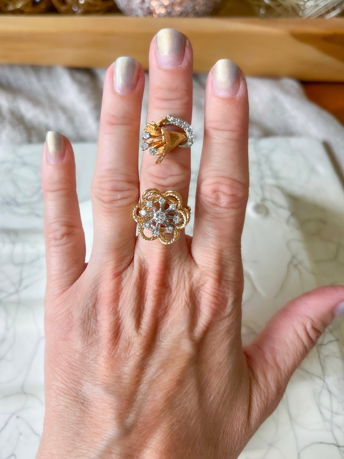 Vintage Flower Natural Diamond Rings in 14k Yellow Gold