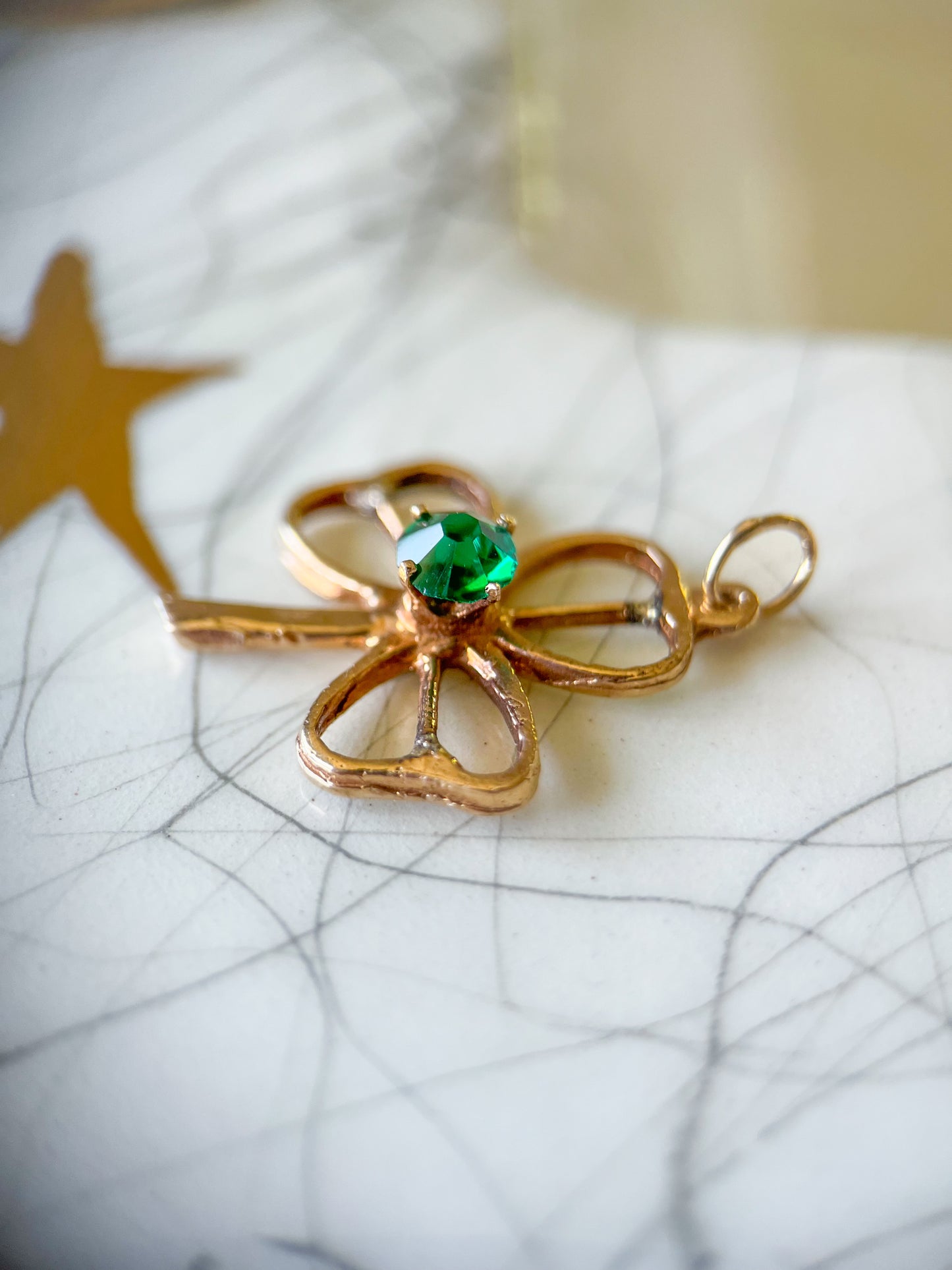Vintage 3 Leaf Clover with Synthetic Emerald 14k Yellow Gold Charm