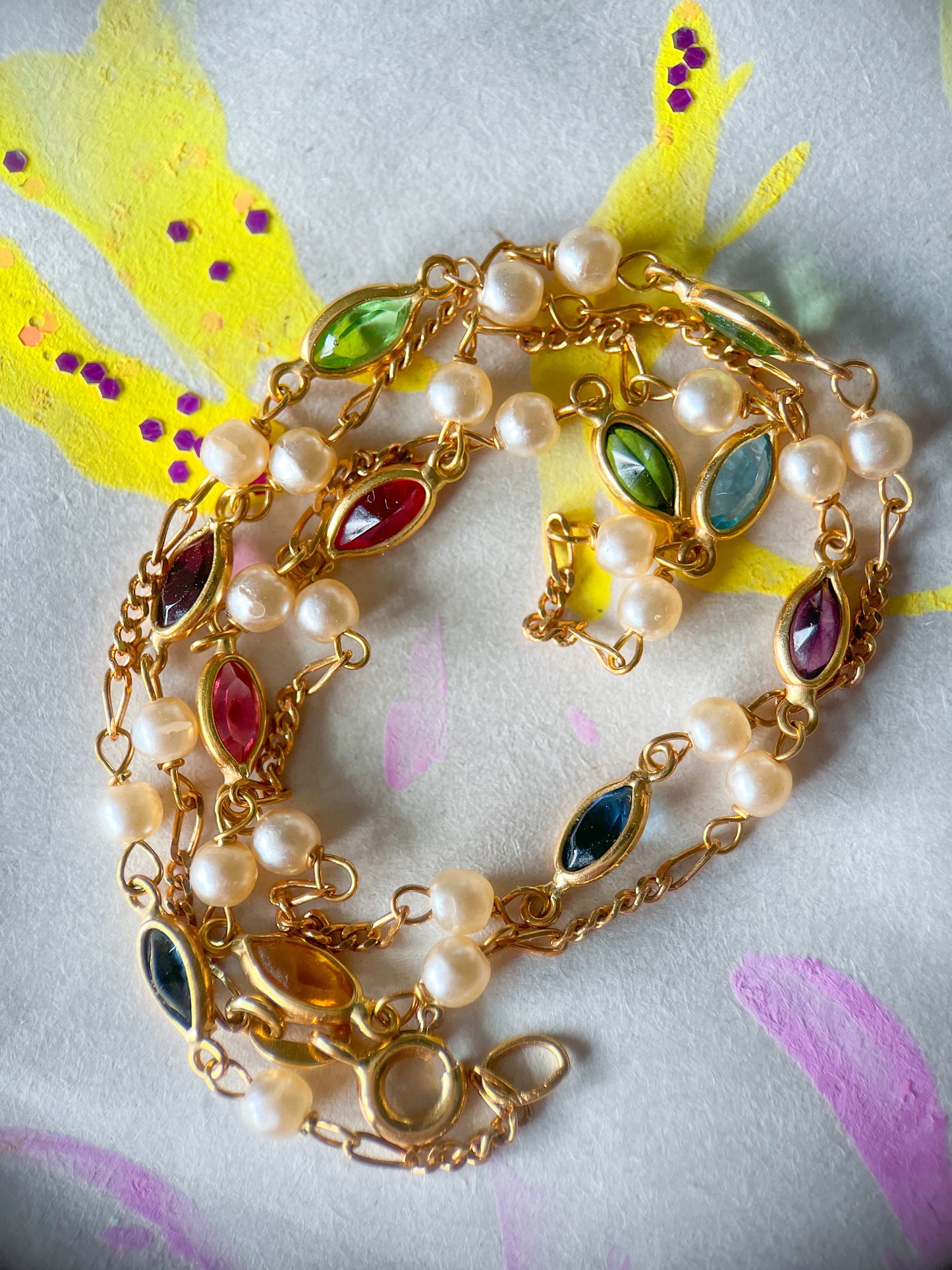 Vintage Pearl and Natural Gemstone 18k Yellow Gold 16 Inch Chain Necklace