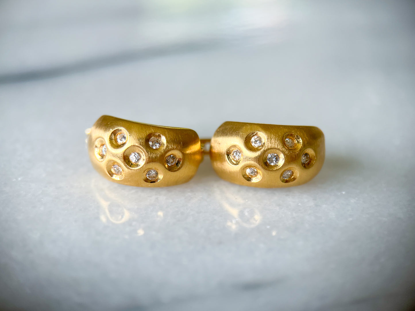 Vintage 14k Yellow Gold Matte Half Hoops with CZ Earrings