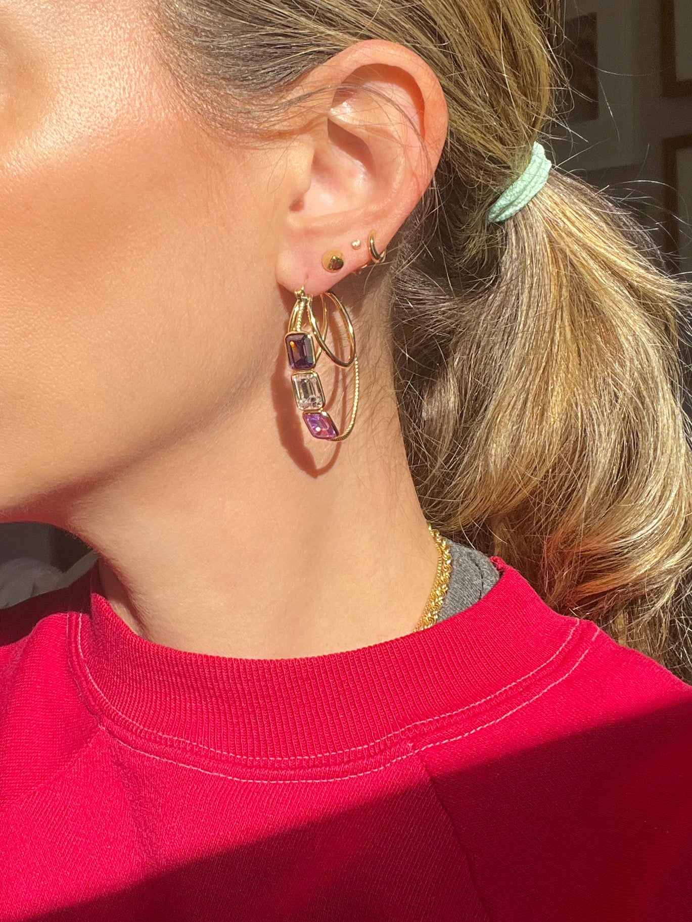 Vintage Amethyst and CZ Three Stone 14k Yellow Gold Hoop Earrings