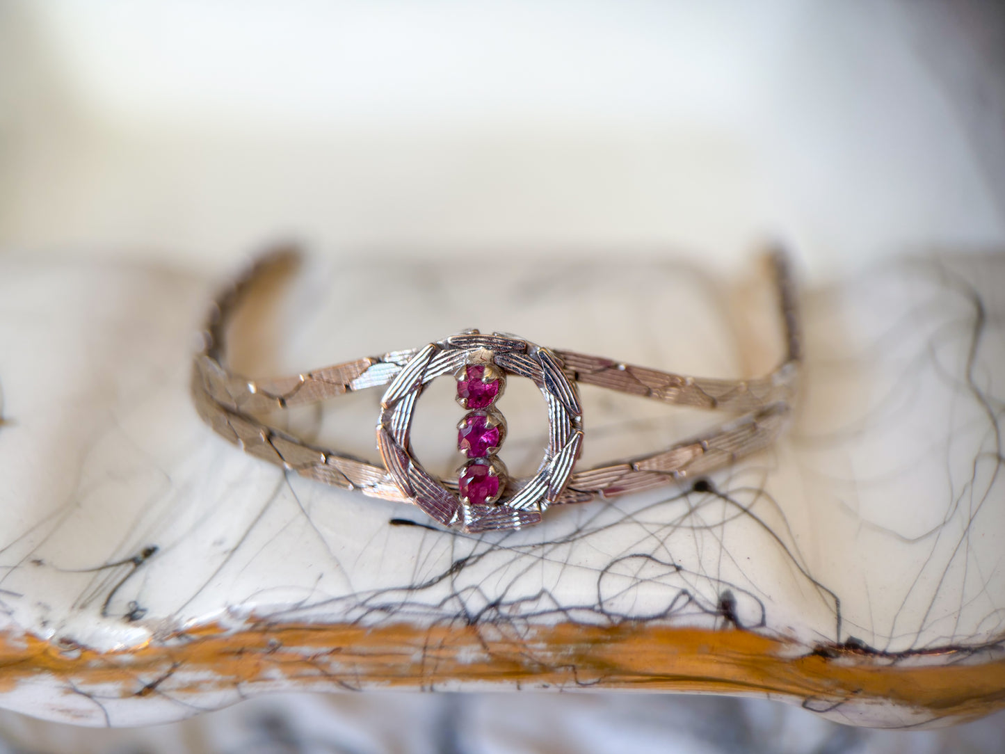 Vintage Natural Ruby 14k White Gold 7 Inch Cobra Chain Bracelet