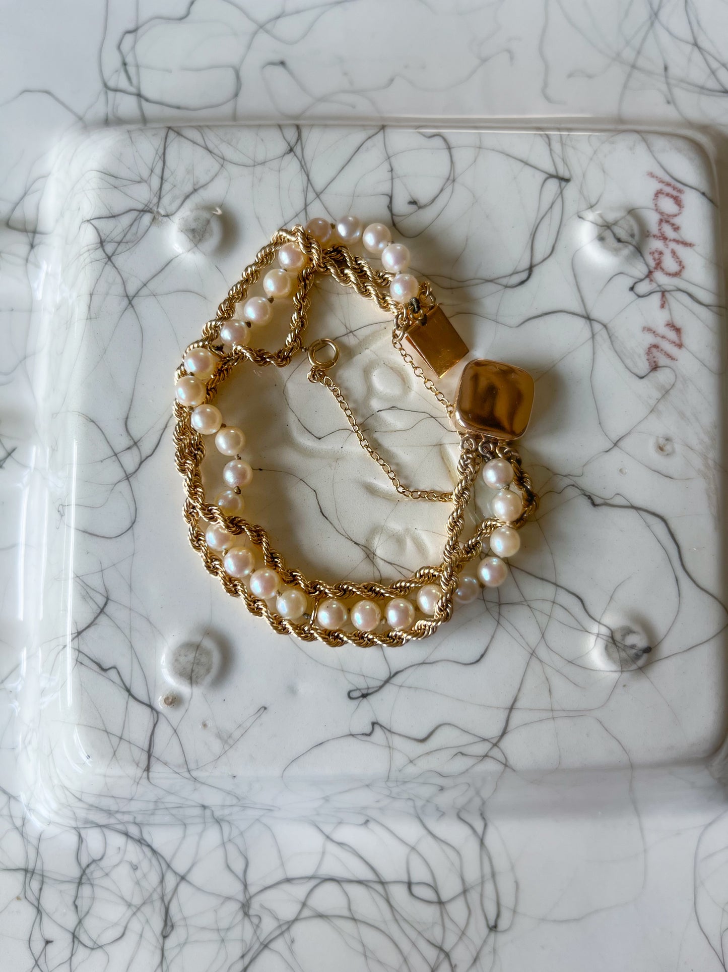 Various Vintage Pearl and Rope Chain 14k Yellow Gold Bracelets
