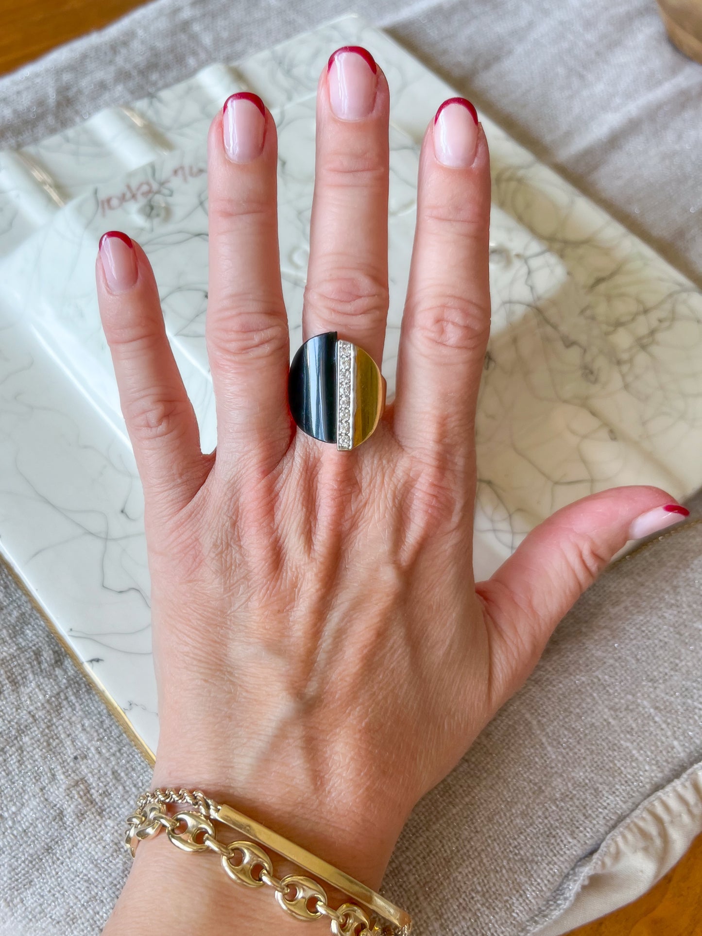 Vintage Onyx and Natural Diamond 18k White and Yellow Gold Ring, circa 1960s