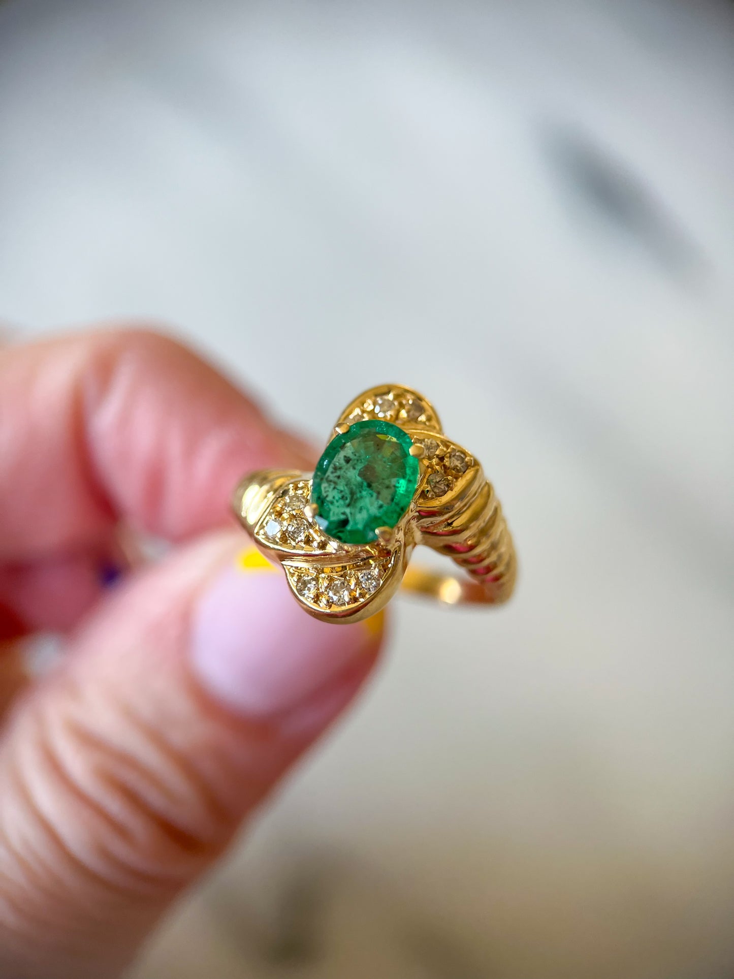 Vintage Natural Emerald and Diamond 14k Yellow Gold Ring