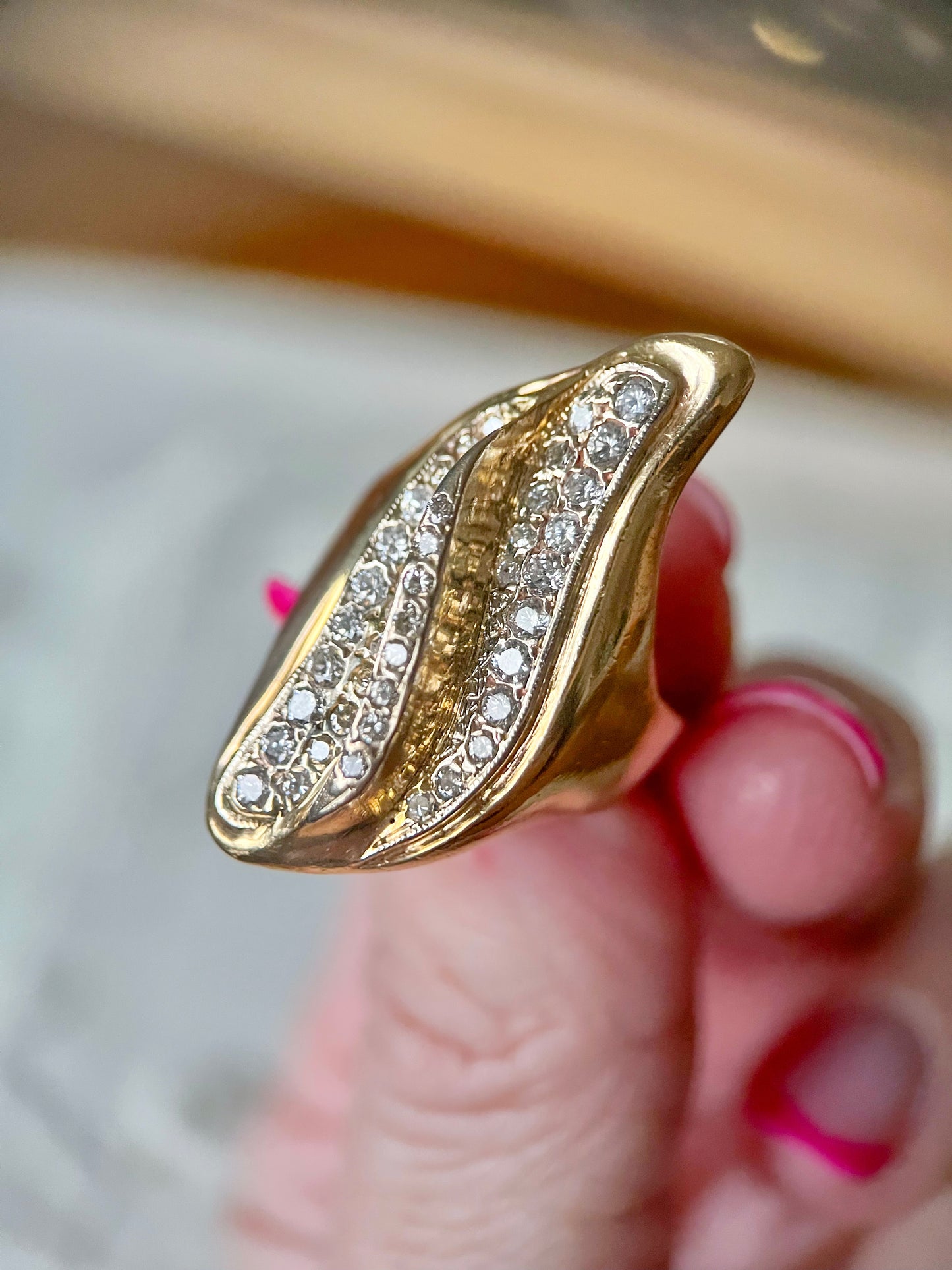 Vintage Natural Diamond 14k Yellow Gold Statement Ring