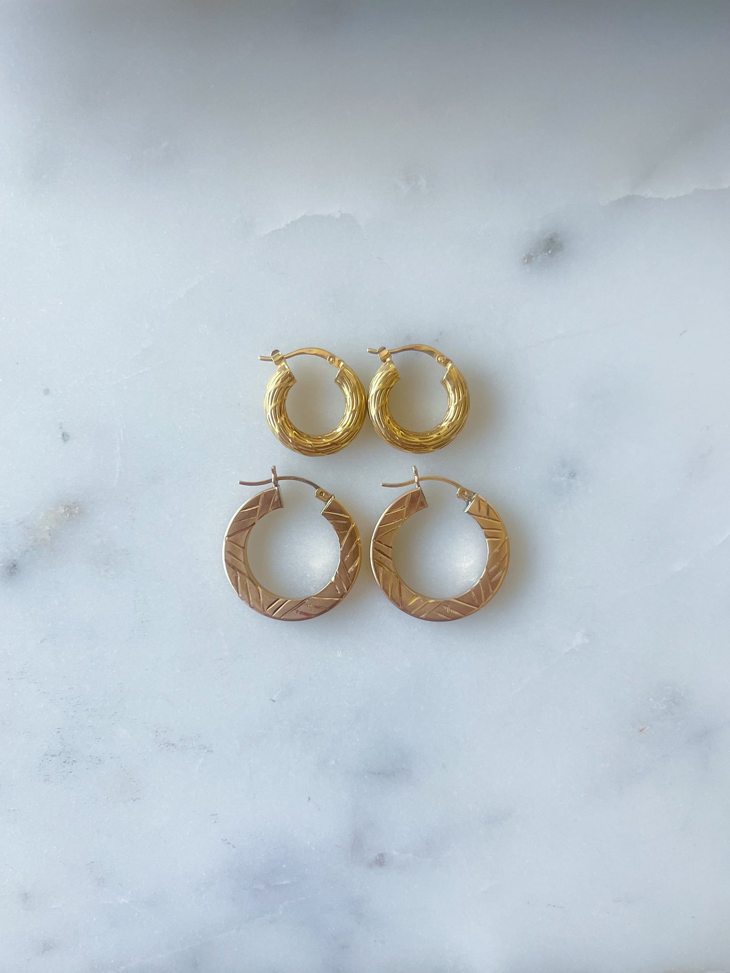 Vintage Large Flat Etched 14k Yellow Gold Hoop Earrings