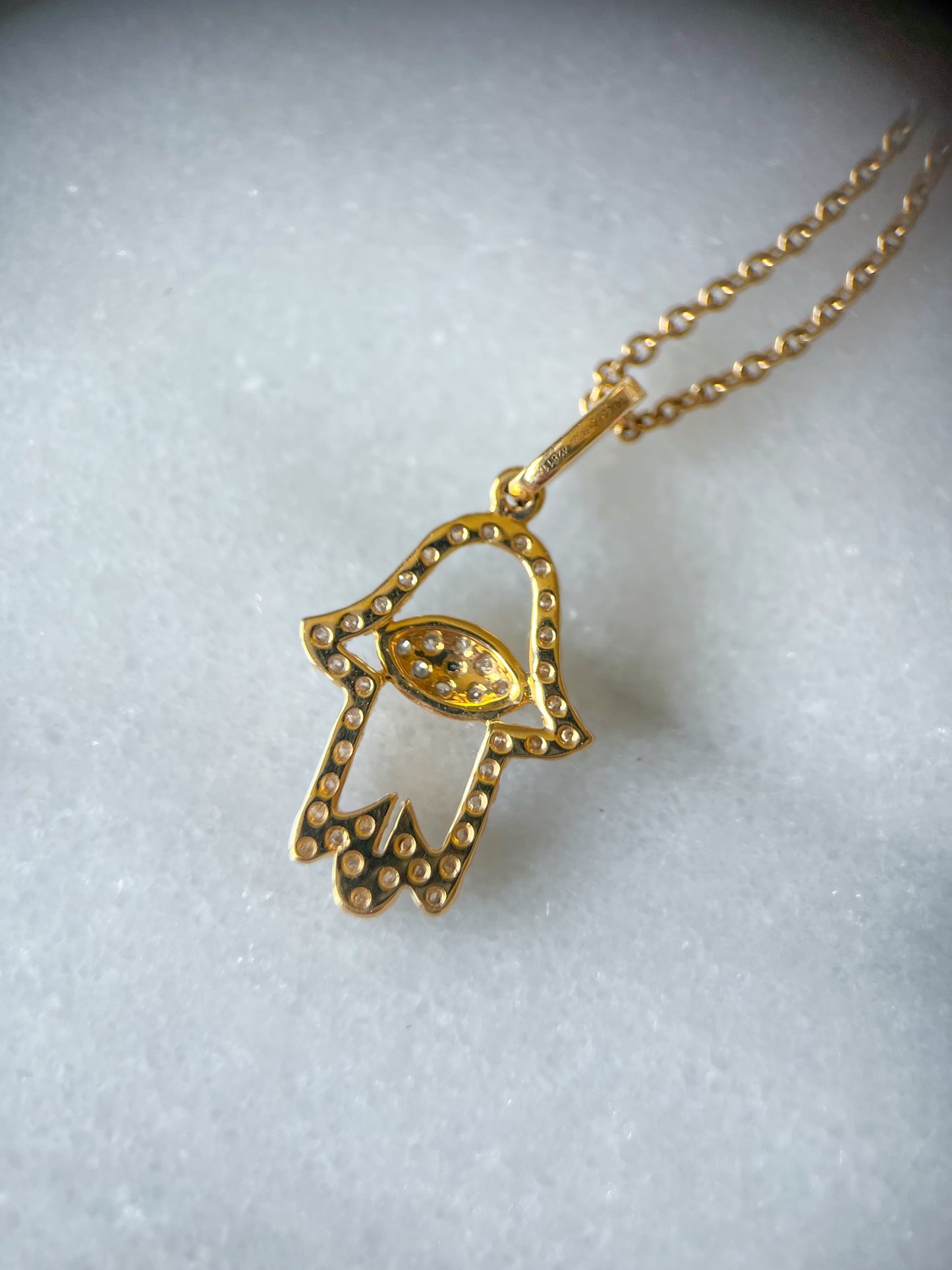 Hamsa Charm with Natural Diamonds and Natural Sapphire 14k Yellow Gold