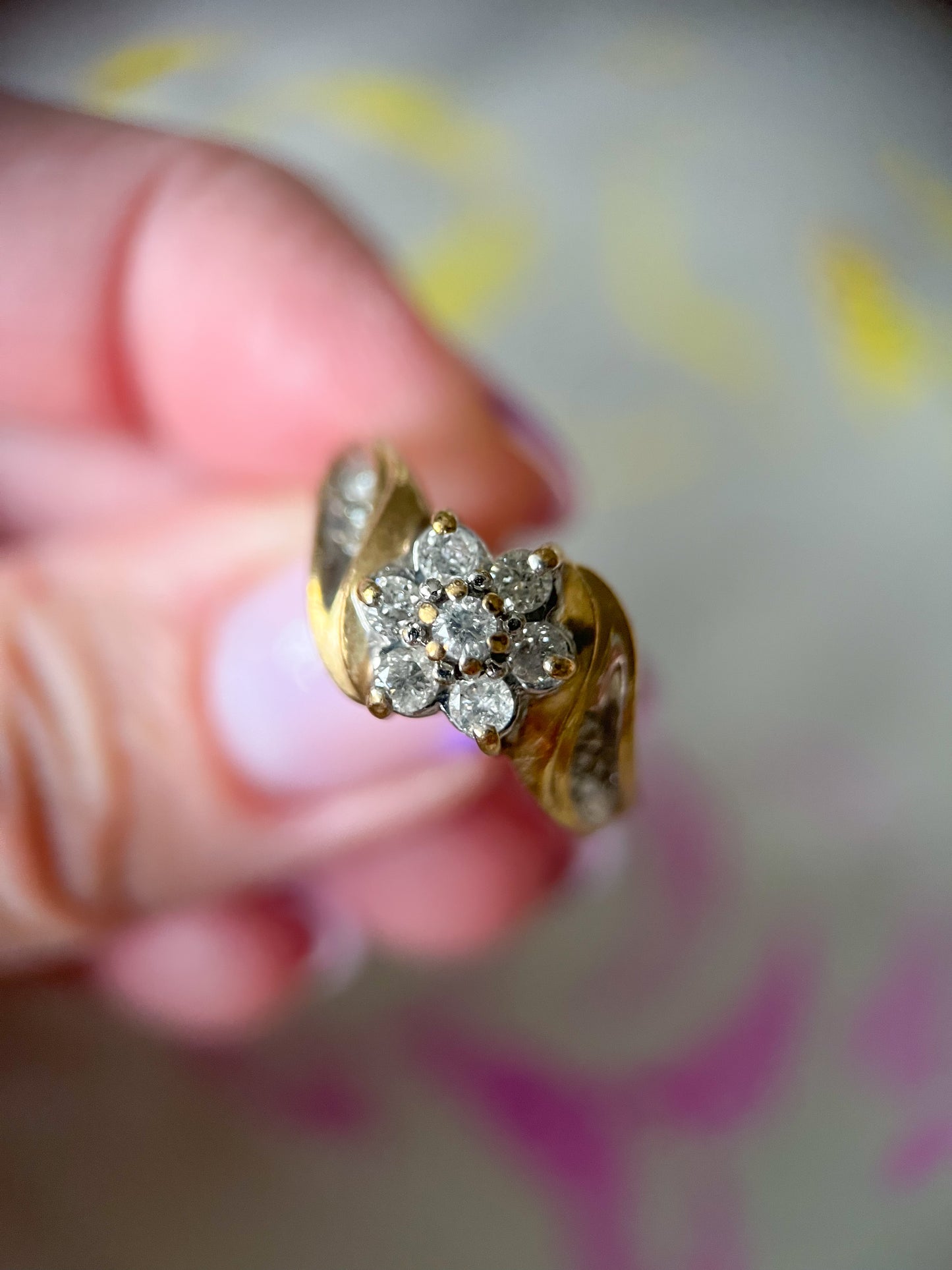 Vintage Natural Diamond Flower 10k Yellow Gold Ring