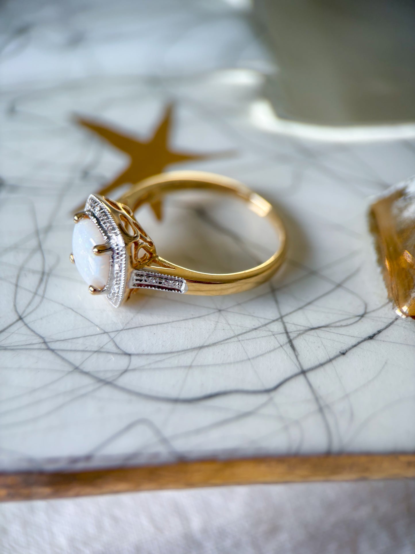 Vintage Opal and Natural Diamonds 14k Yellow Gold Ring