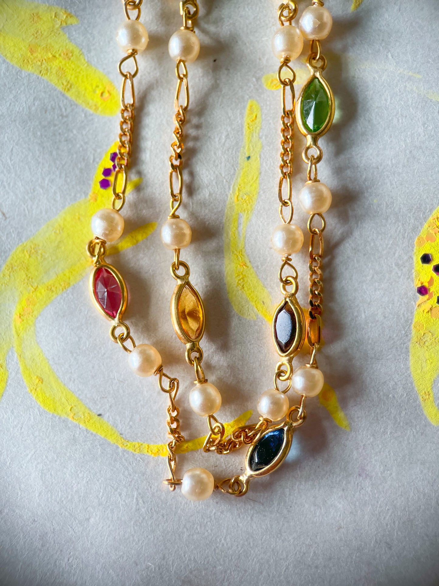Vintage Pearl and Natural Gemstone 18k Yellow Gold 16 Inch Chain Necklace