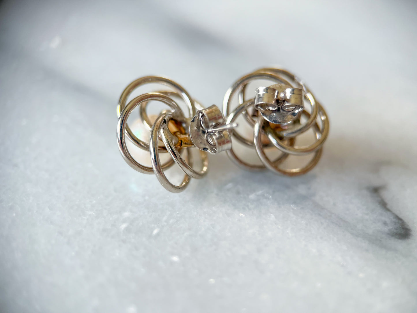 Vintage Pearl and Knot 14k White Gold Stud Earrings