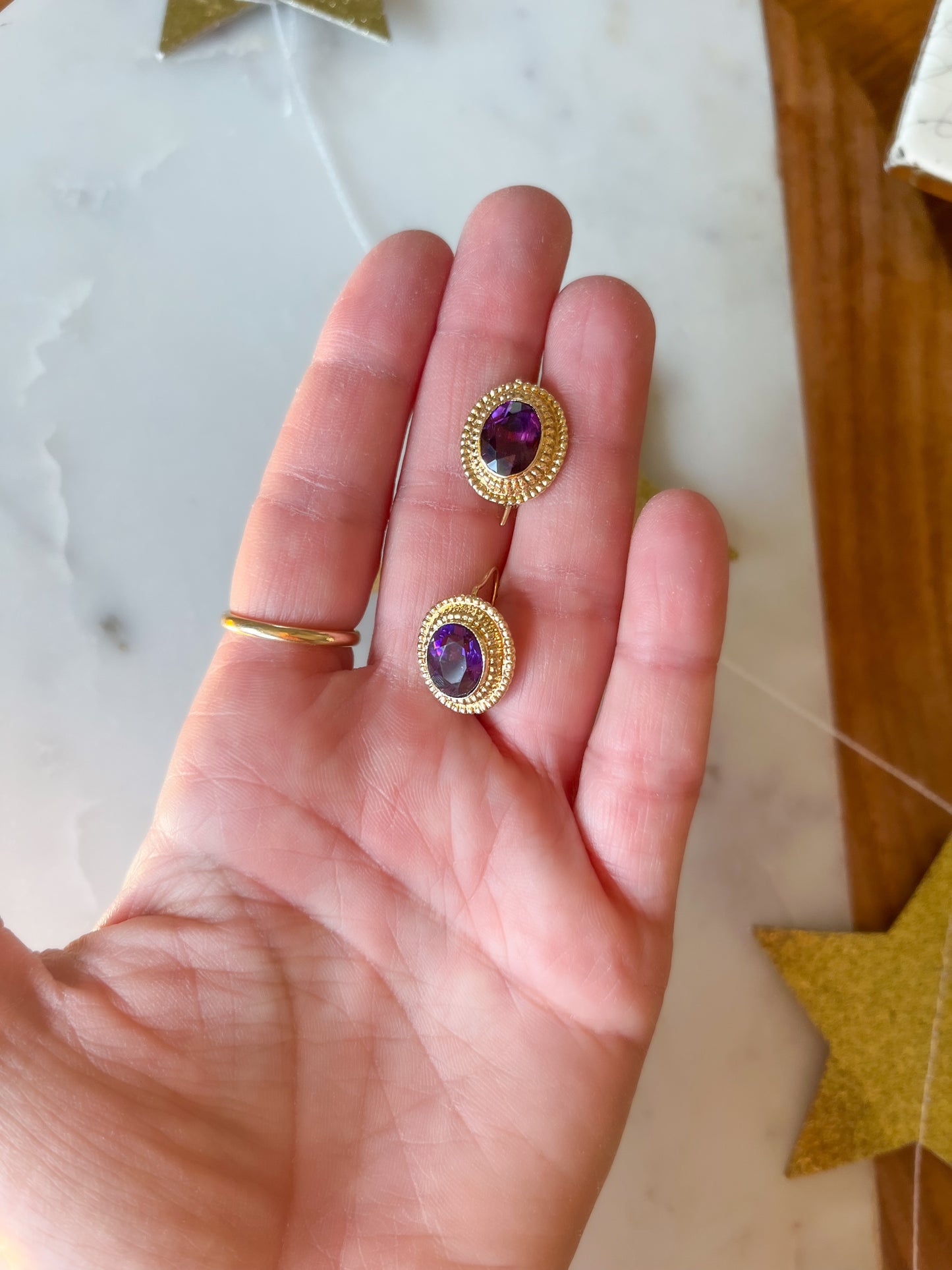 Vintage Natural Oval Amethyst 14k Yellow Gold Earrings, circa 1980s