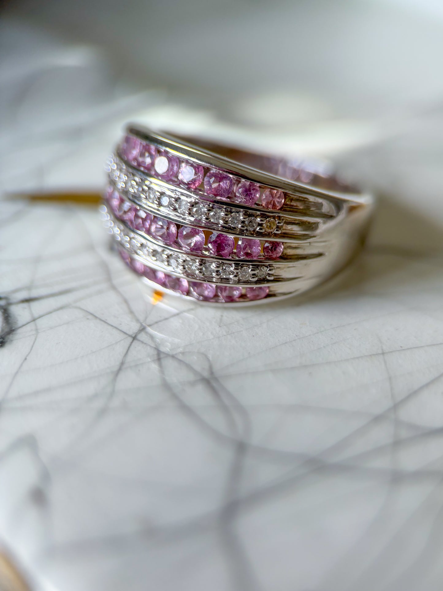 Vintage Chunky Natural Diamond and Synthetic Pink Topaz 14k White Gold Ring