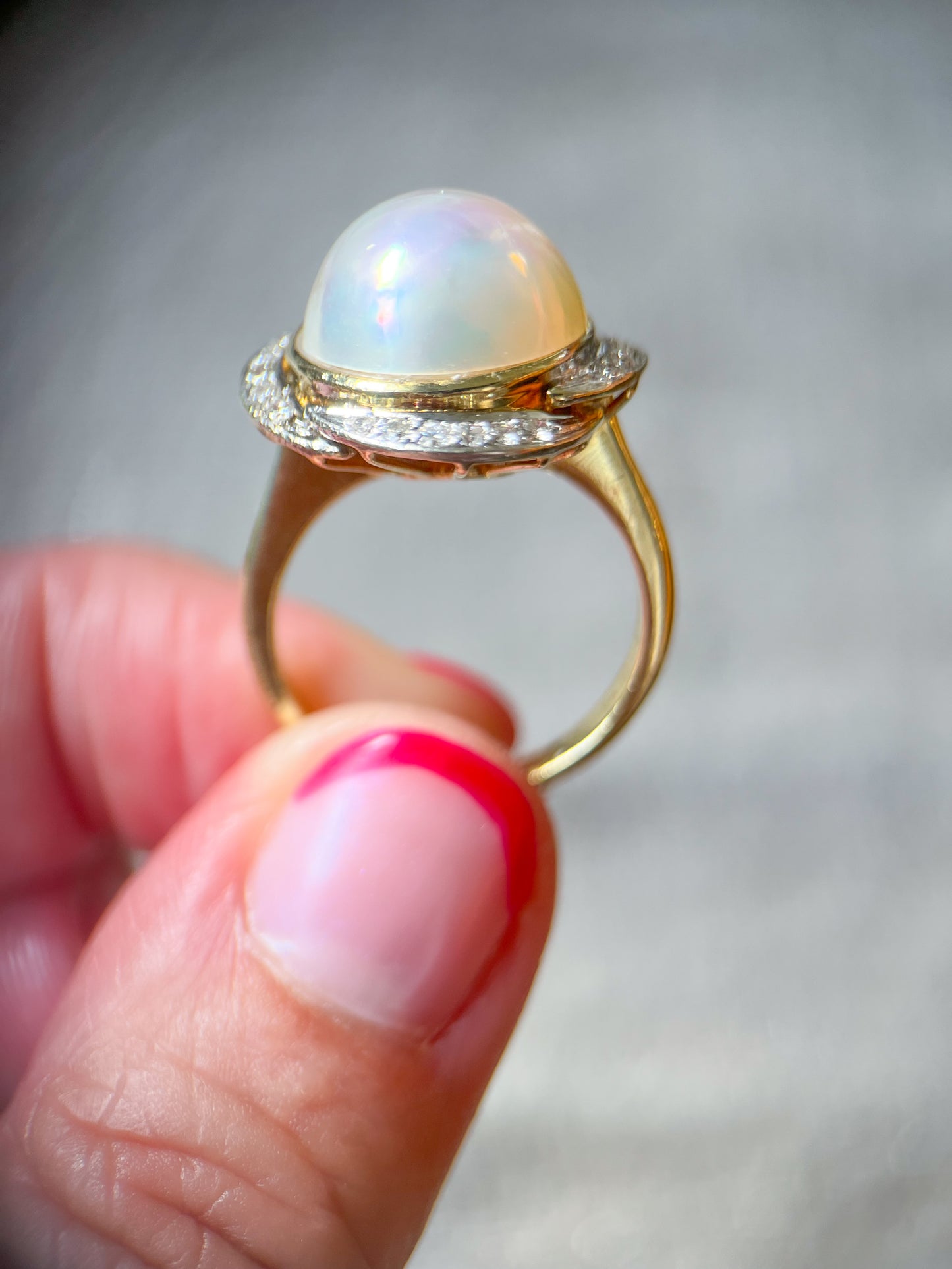 Vintage Pearl and Natural Diamond 14k Yellow Gold Statement Ring