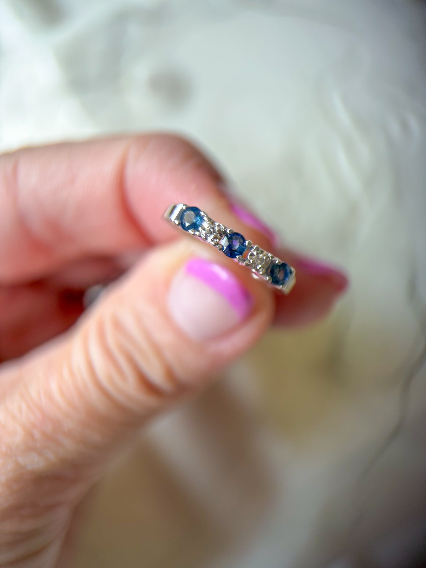 Vintage Natural Sapphire and Natural Diamond 14k White Gold Half Band