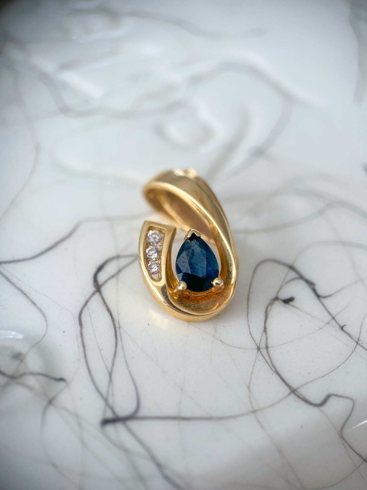 Vintage Natural Pear Shaped Sapphire and Diamond Slider 14k Yellow Gold Charm