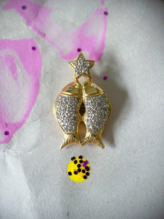Natural Diamond Puffy Double Fish and Star 14k Yellow Gold Charm