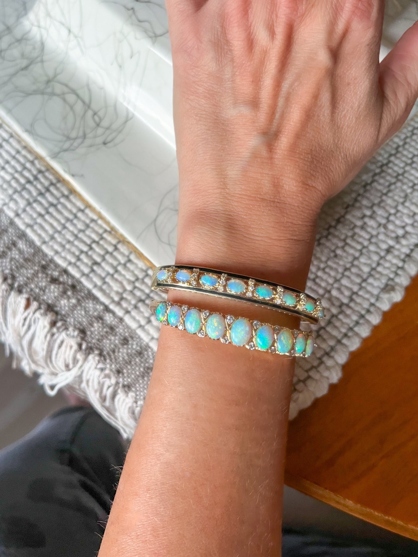 Vintage Opal, Natural Diamond and Enamel 14k Yellow Gold Bangle