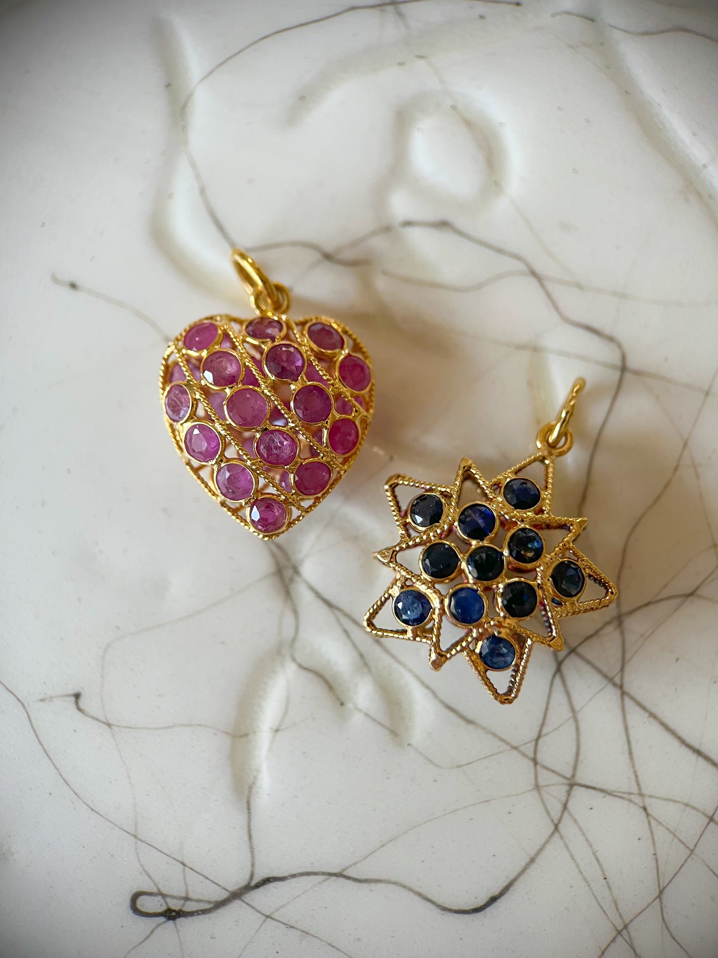 Vintage Natural Sapphire Puffy Star and Vintage Ruby Puffy Heart 18k Yellow Gold Charms, Circa 1990's
