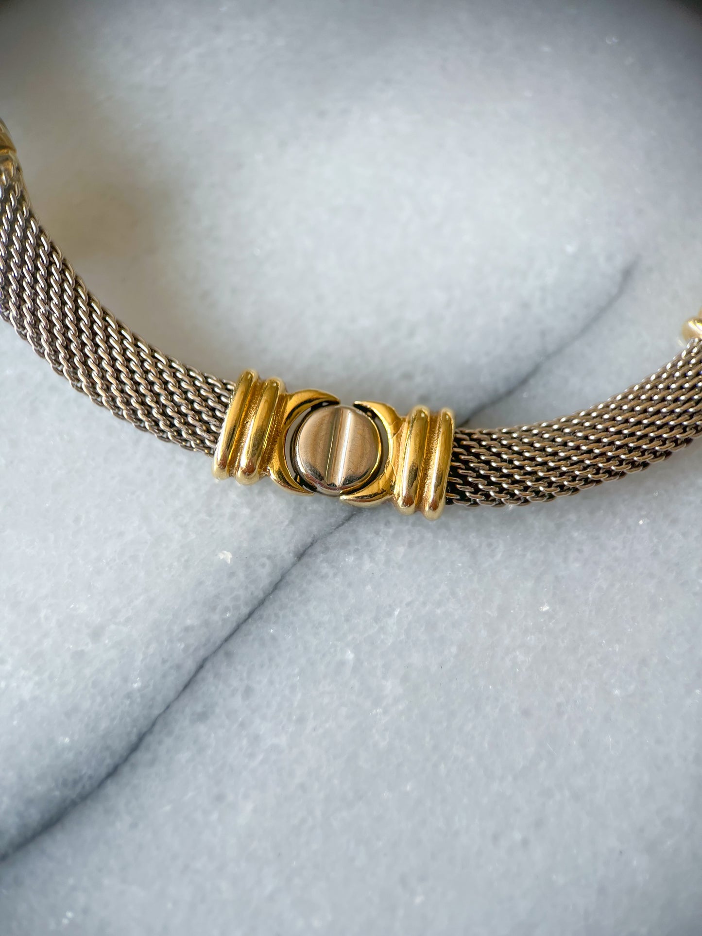 Vintage Mesh Two Toned with Screw Accents 14k White and Yellow Gold 8 Inch Bracelet