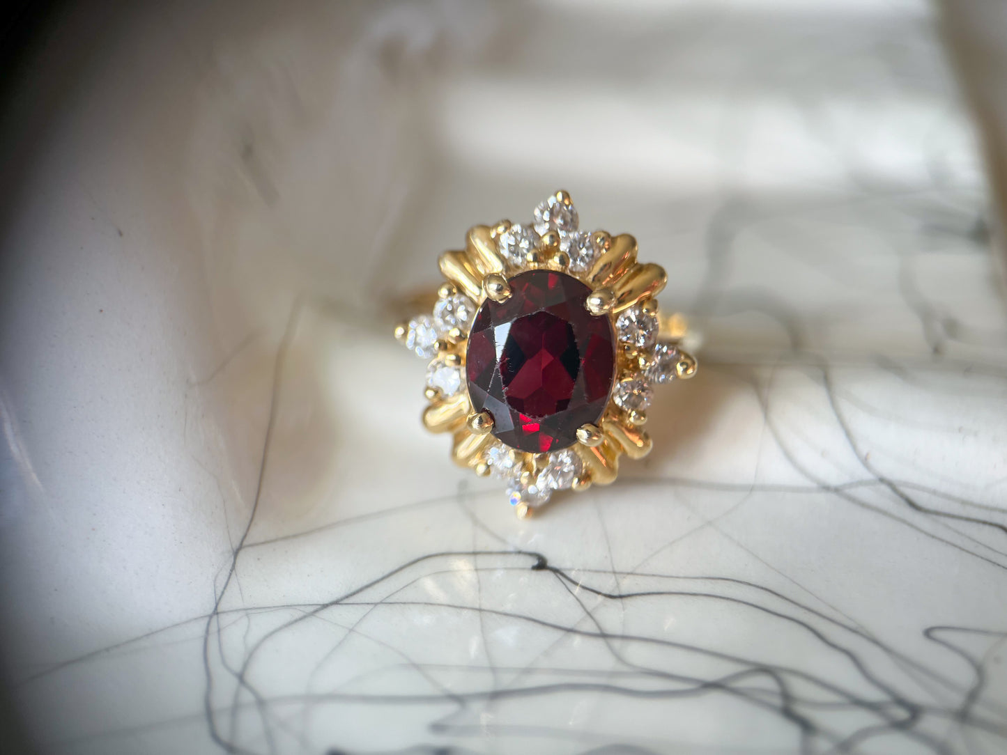 Vintage Natural Oval Garnet and Diamond 14k Yellow Gold Ring