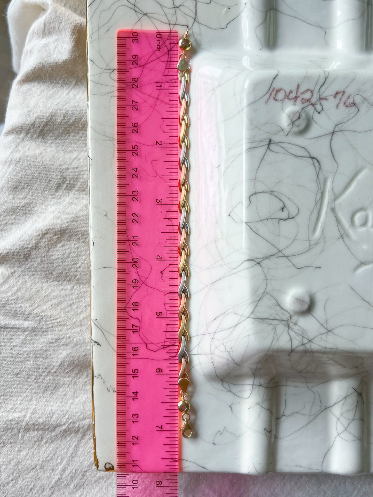 14k Tri Colored White, Rose, Yellow Gold Flat Link 7 Inch Bracelet