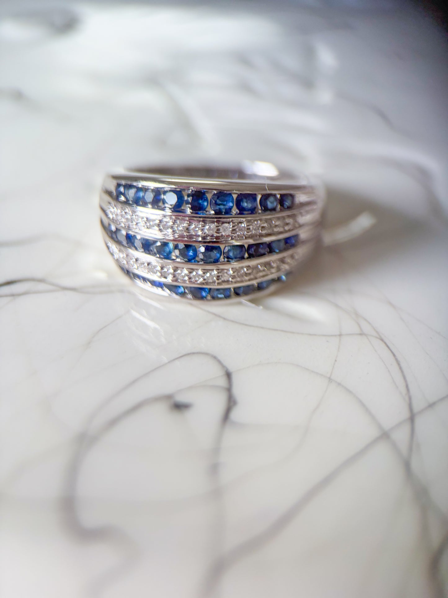 Vintage Chunky Natural Diamond and Natural Sapphire 14k White Gold Ring
