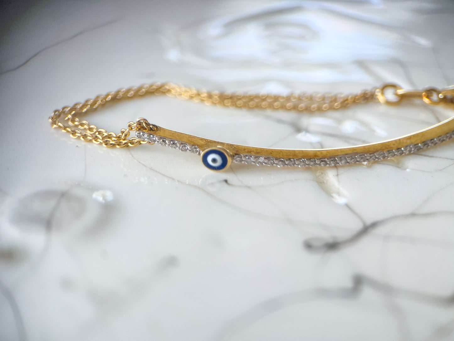18k Yellow Gold and Rose Gold Natural Diamond Evil Eye Chain 7 Inch Bracelets