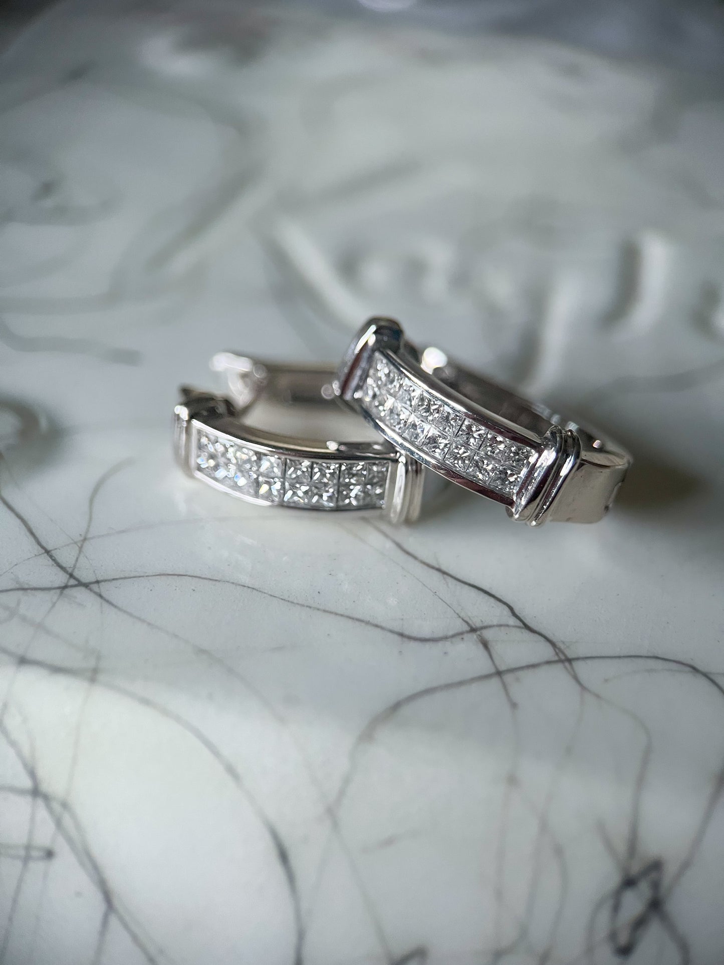 Natural Princess Cut Diamond 14k White Gold Half Hoop Earrings