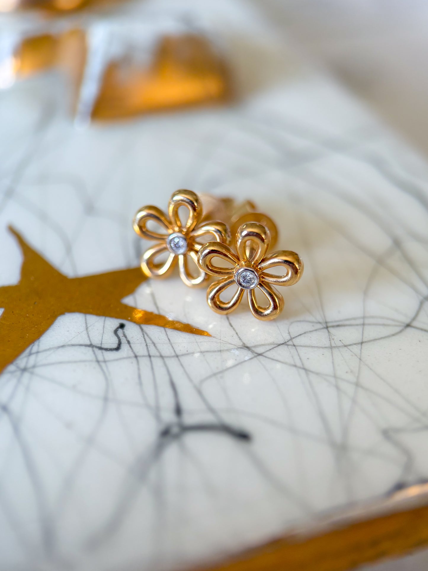 Natural Diamond Flower 14k Yellow Gold Stud Earrings