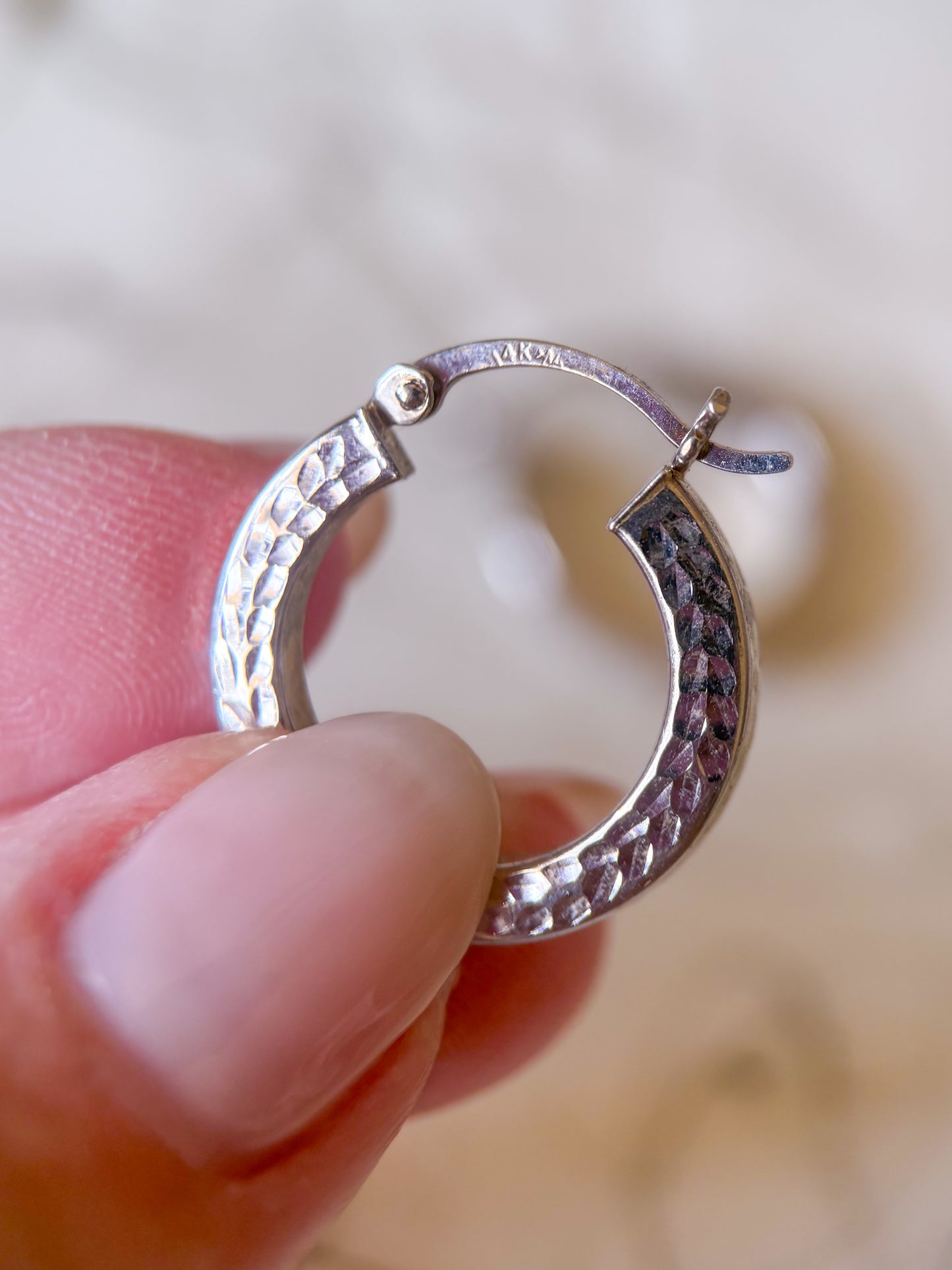 Vintage 14k White Gold Textured Hoops