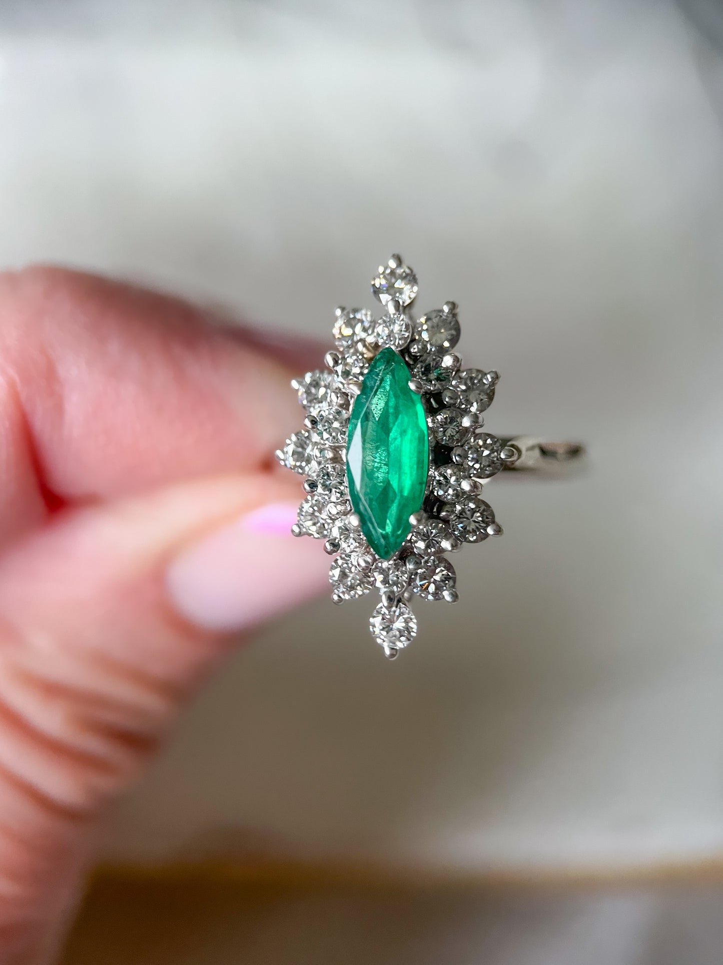 Vintage Natural Emerald and Diamond 14k White Gold Ring