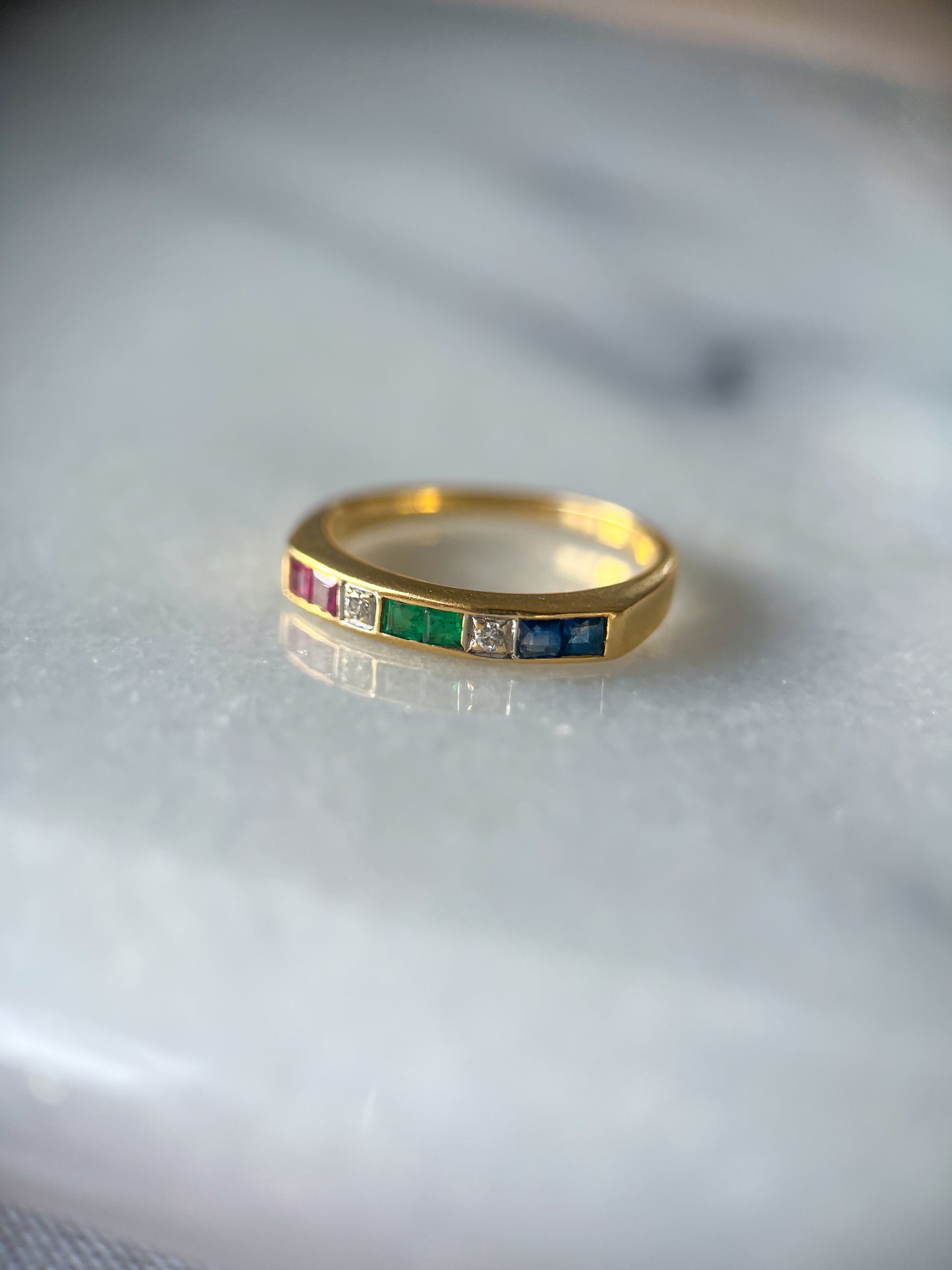 Vintage Natural Diamond, Ruby, Emerald and Sapphire 14k Yellow Gold Ring